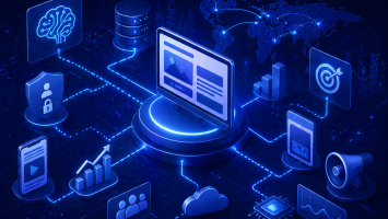 Futuristic illustration of advertising technology (AdTech) and website monetization